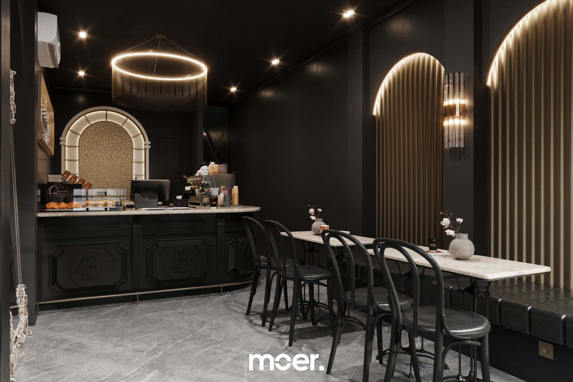 3D render of The Cafe, the same view as the photo